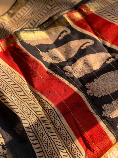 Black hand block Printed Maheshwari silk cotton Saree