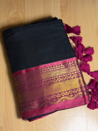 Black and pink  boarder Mul Cotton Saree