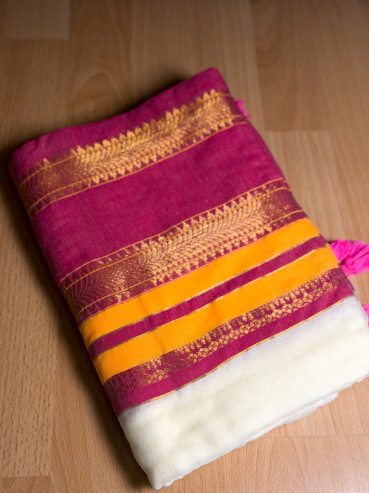 Yellow pink  boarder Mul Cotton Saree