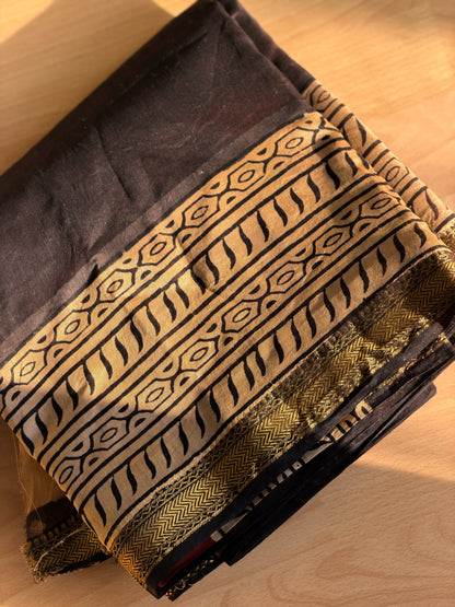 Black hand block Printed Maheshwari silk cotton Saree