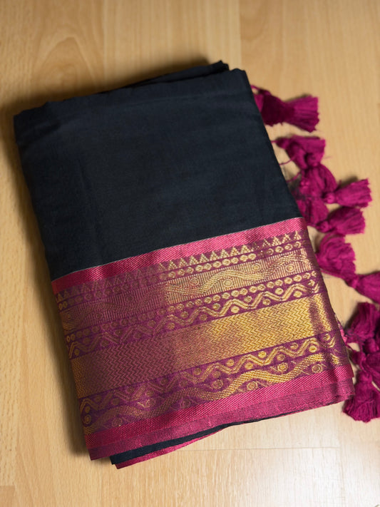 Black and pink  boarder Mul Cotton Saree