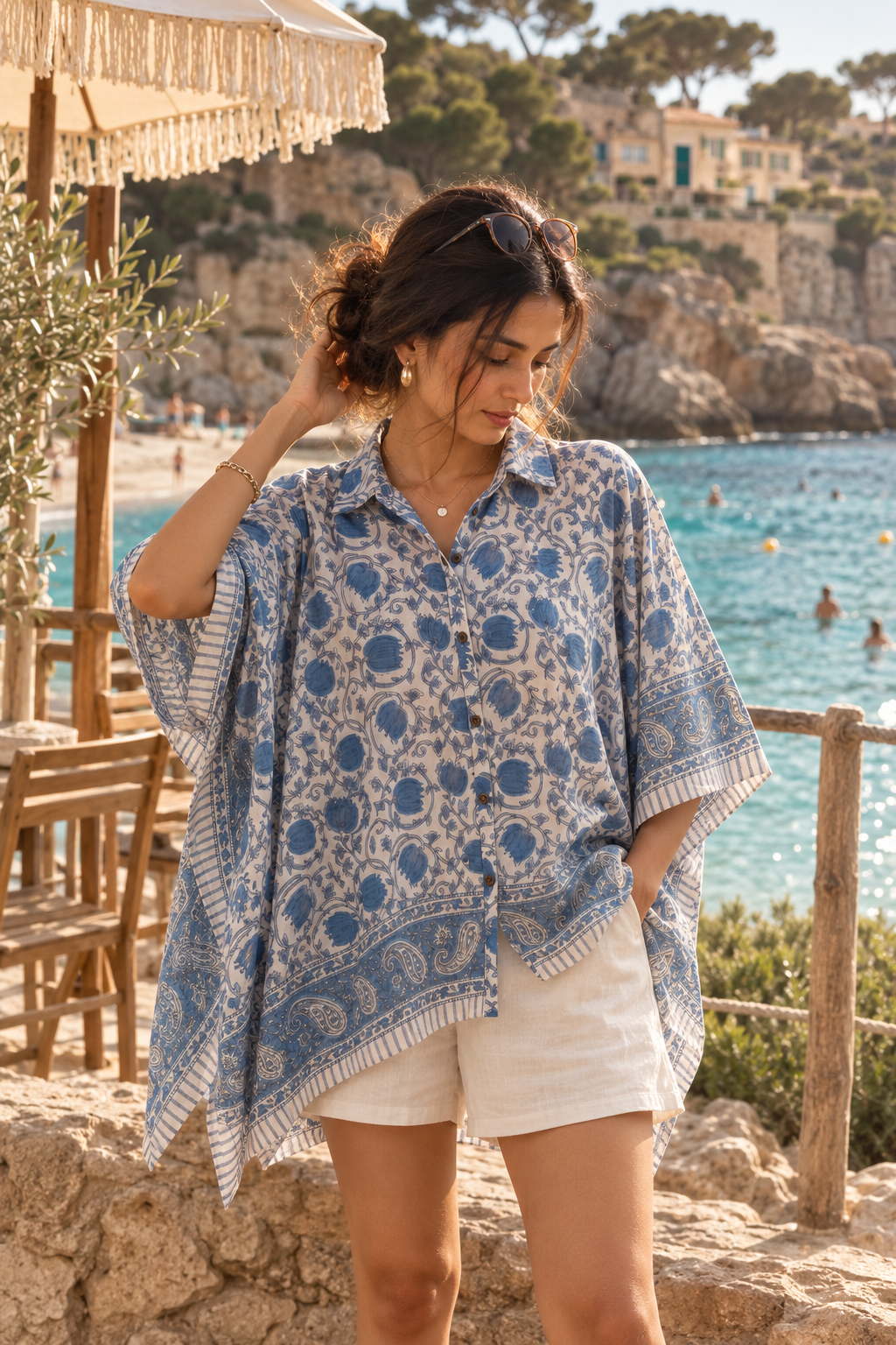 Ocean Bloom Hand Block Printed Kaftan shirt