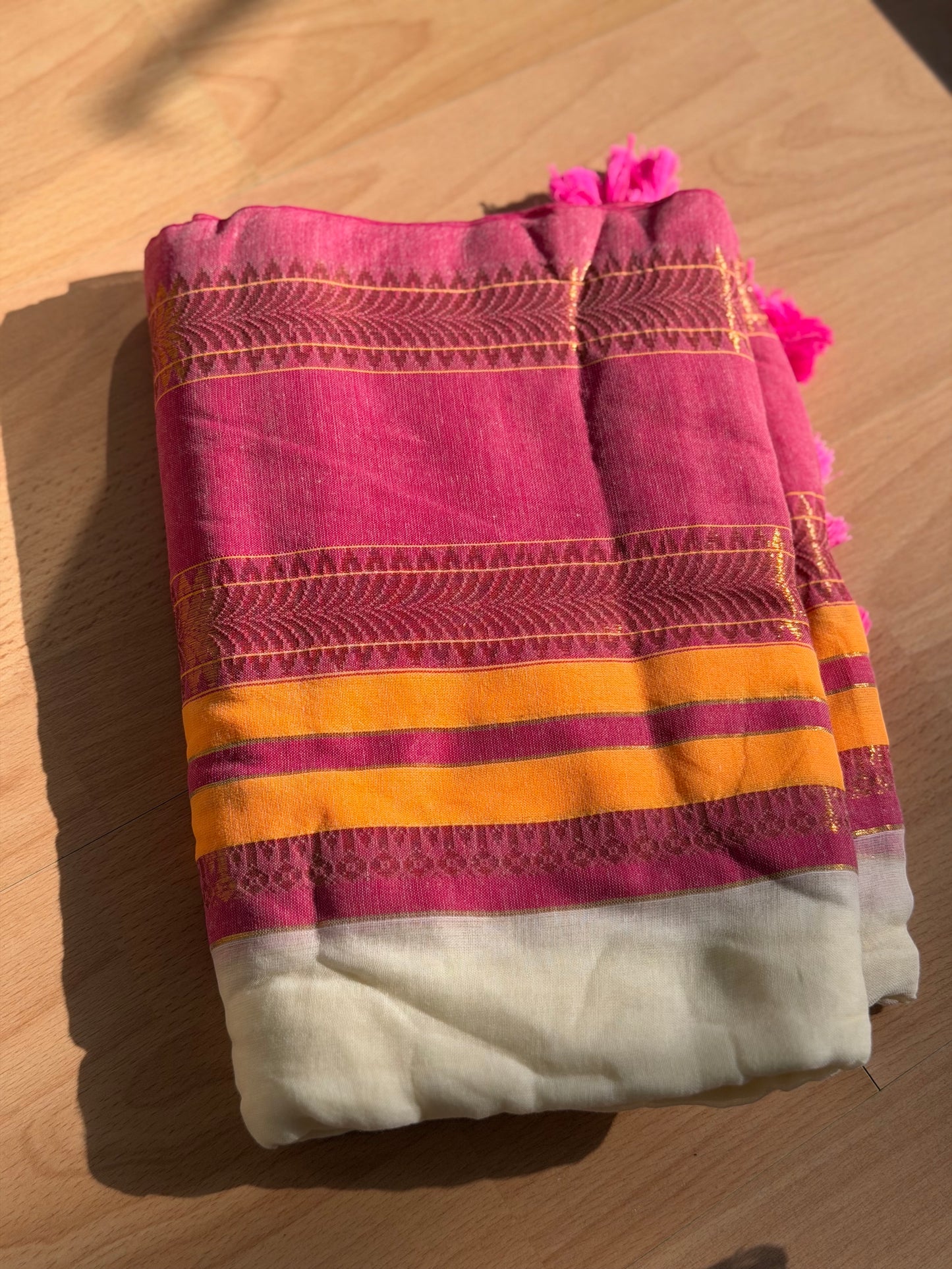 Yellow pink  boarder Mul Cotton Saree