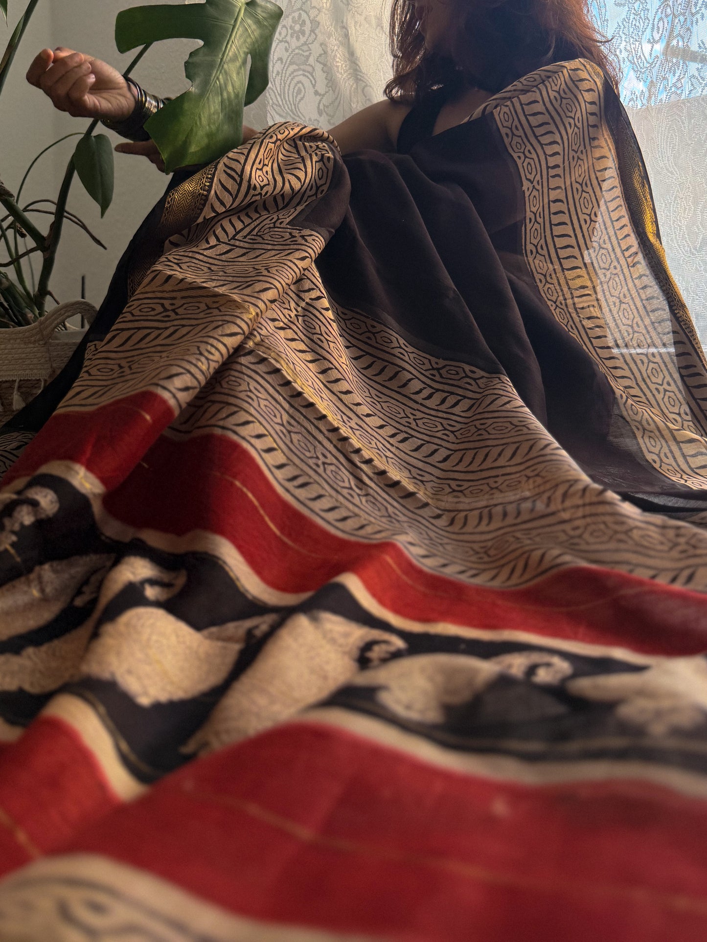 Black hand block Printed Maheshwari silk cotton Saree