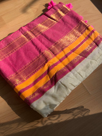 Yellow pink  boarder Mul Cotton Saree