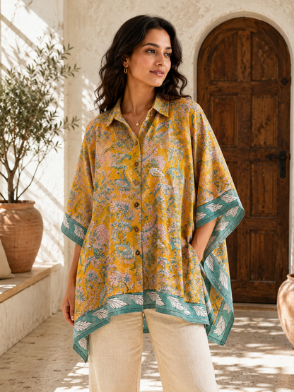 mustard yellow Hand Block Printed Kaftan shirt