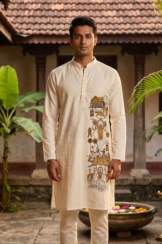 Off White Thrissur Pooram Handpainted Kurta