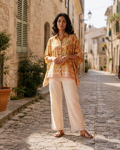 Mustard Floral Hand Block Printed Kaftan shirt