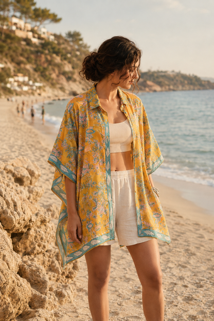mustard yellow Hand Block Printed Kaftan shirt