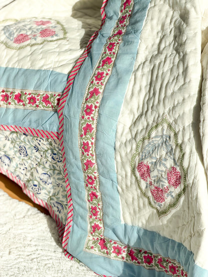 Peach Blue - Handmade Reversible Single Quilt Blanket