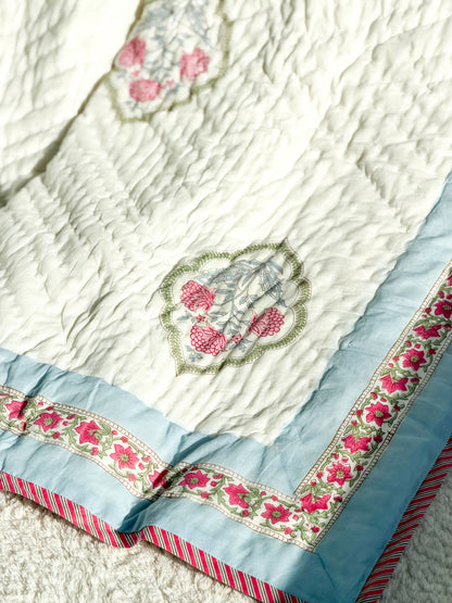 Peach Blue - Handmade Reversible Single Quilt Blanket