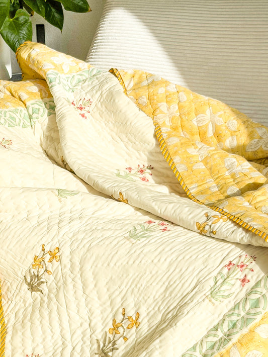 Yellow Flora Wrap -Handmade Reversible Single Quilt Blanket