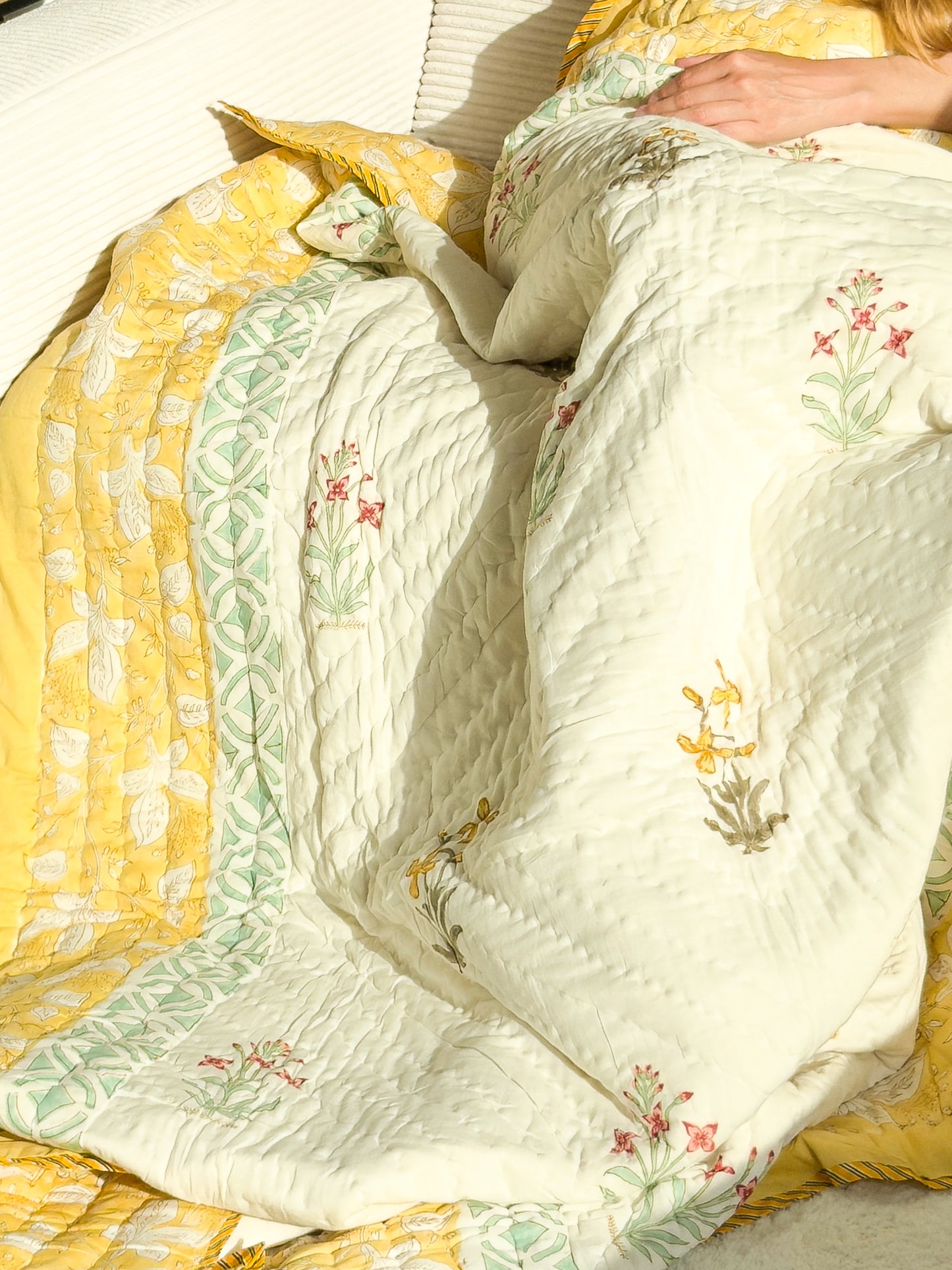 Yellow Flora Wrap -Handmade Reversible Single Quilt Blanket