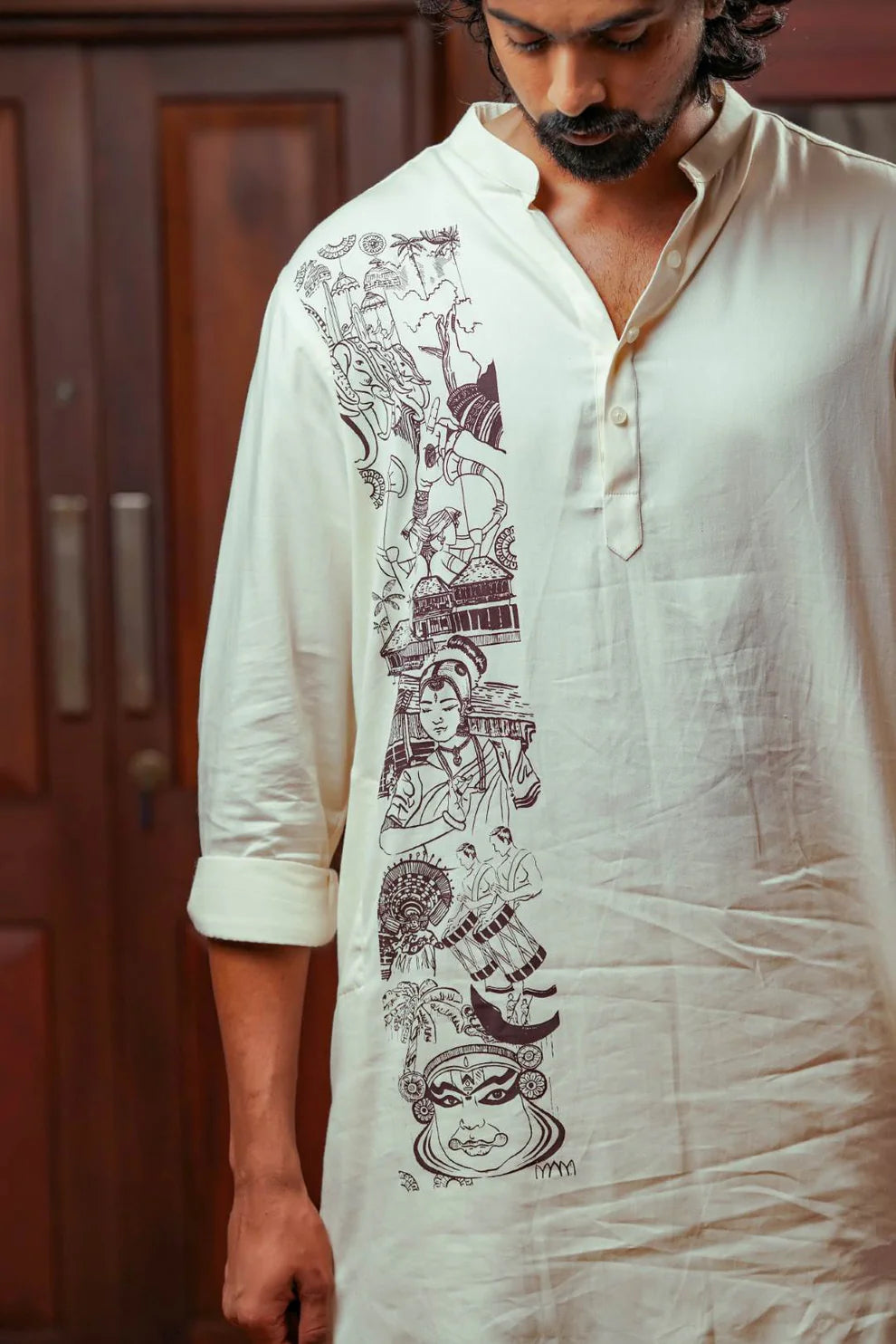 Kurtha with Kerala Theme Print - Off White Long