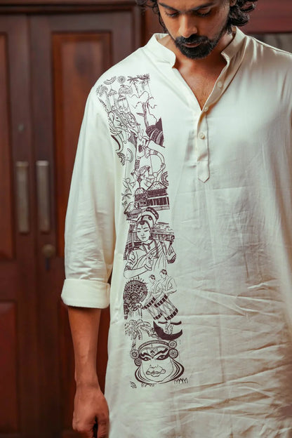 Kurtha with Kerala Theme Print - Off White Long