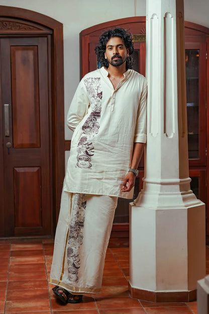 Kurtha with Kerala Theme Print - Off White Long