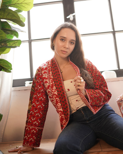 Red Petal – Reversible Handblock Quilted Jacket